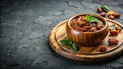 Wooden bowl of homemade fruit preserve with nuts and mint garnish on dark stone surface