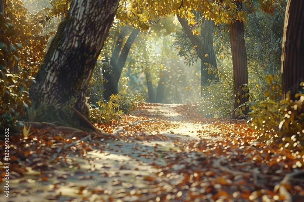 Poster a path through a forest with trees and leaves on the ground