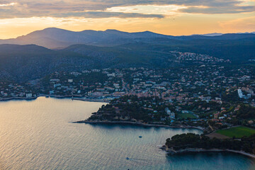 Beautiful landscape with sea and rocks, sunset on the Mediterranean sea, France.