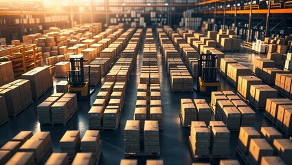 Obraz premium Retail warehouse full of shelves with goods in cartons, with pallets and forklifts. Logistics and transportation blurred background. Product distribution center