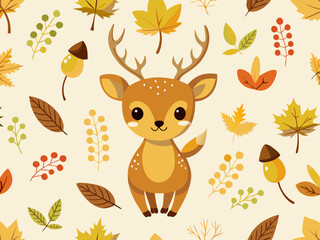 Cute Cartoon Deer Autumn Pattern with Acorns and Maple Leaves