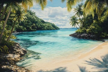 Serene tropical beach with clear water and lush greenery.