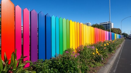 Fototapeta premium Colorful rainbow fence stretches along the pathway, embraced by blooming flowers and rich foliage, under a sunny sky, creating a cheerful outdoor atmosphere