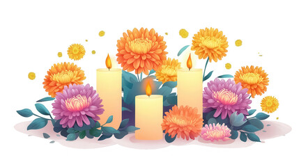 Qingming Festival vector design of a peaceful memorial with candles and flowers, isolated on white, PNG file