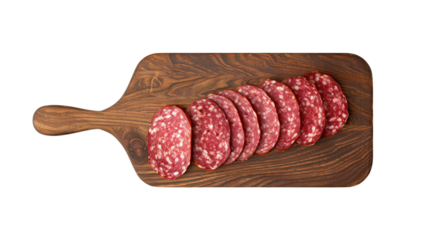 Salami slices on wooden board on transparent background