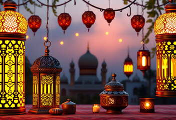 Obraz premium Glowing Ramadan Lanterns and Mosque at Sunset