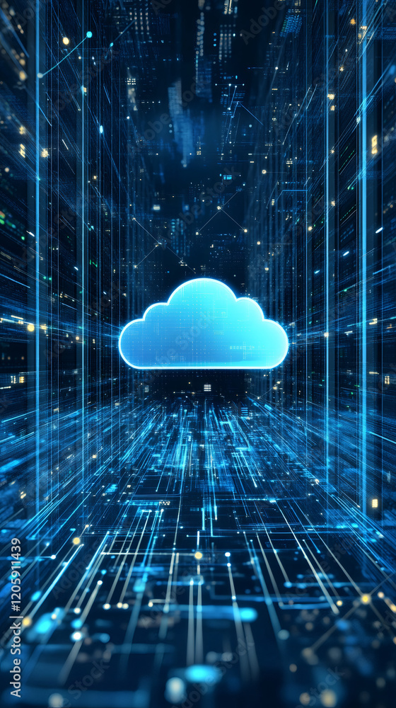 Leinwandbilder cloud computing technology floating inside server room, connecting data center servers inside cybers