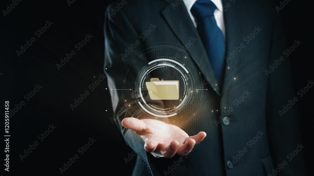 Poster business person managing online documents folders for efficient work processes. ensure secure and qu