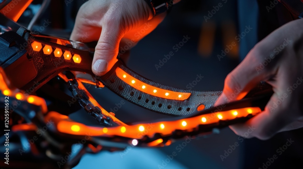 Poster engineer is working on a futuristic lighting system. carefully positioning orange leds on a flexible