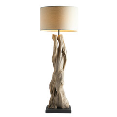 Floor lamp features a unique natural wood base that resembles twisted driftwood, topped with a soft fabric shade. isolated on white, transparent background.