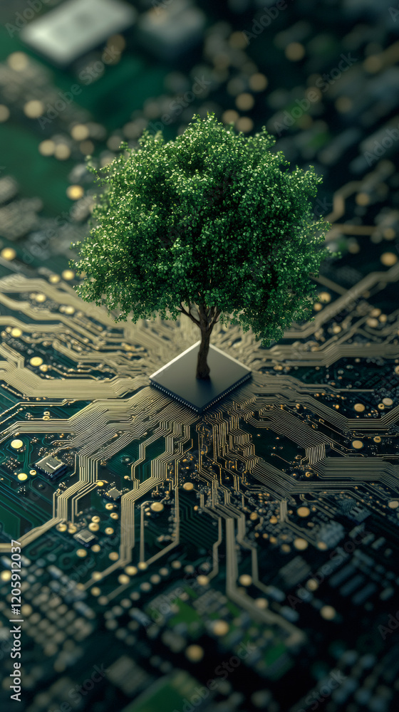 Poster green tree sprouting from digital microchip, representing eco-friendly technological growth and sust