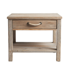 Rustic side table features a natural wood finish, a convenient drawer with a rope handle, and an open shelf for contemporary living rooms or bedrooms. isolated on white, transparent background.