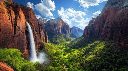 Majestic Waterfall Cascades Down Red Rock Canyon Walls