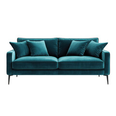 Modern turquoise sofa features soft plush cushions, isolated on white, transparent background