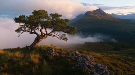 Obraz premium A lone tree stands on a rocky hilltop overlooking a misty valley at sunrise, with mountains in the background and soft, golden light illuminating the scene.