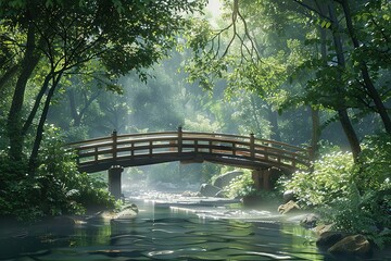 A bridge spans a river in a lush green forest
