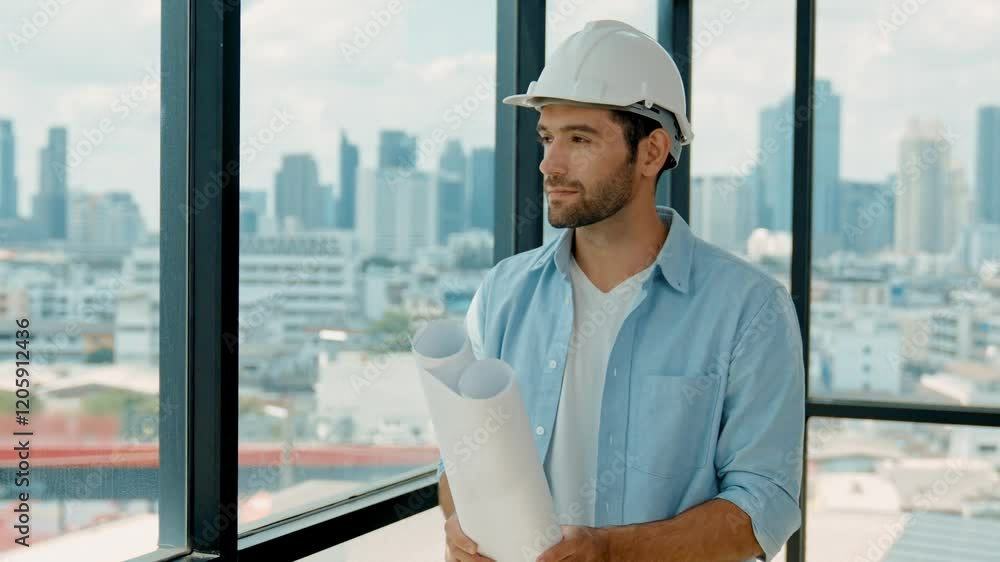 Poster professional engineer smiling while looking at skyscraper view. skilled architect in casual outfit l