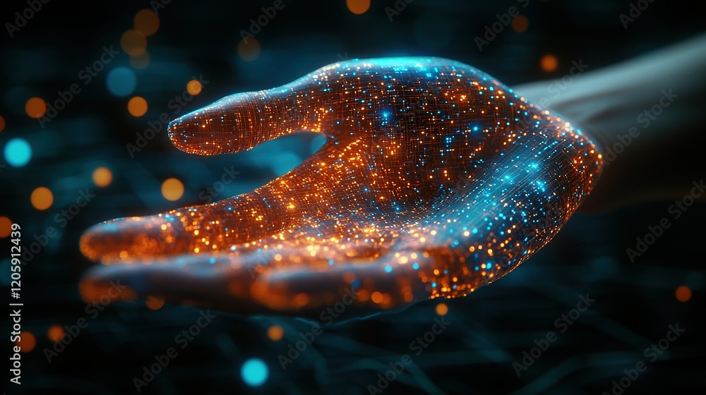 Poster glowing particle hand offering energy in dark space with bokeh