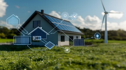 Smart Home With AI Energy Management And Renewable Energy Solutions In A Green Landscape