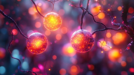 Fototapeta premium Glowing orbs on branches, bokeh background, fantasy scene, abstract art
