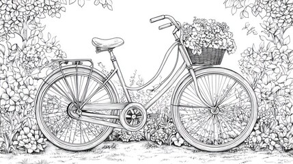 Obraz premium Vintage bicycle with a basket overflowing with flowers amidst a floral backdrop, black and white line drawing