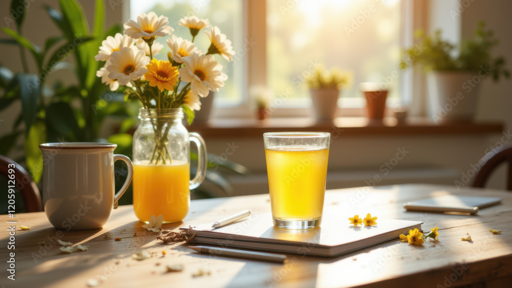 Poster A serene setting with a table full of healthy items against a bright window, perfect for starting your day or enjoying some detox time.
