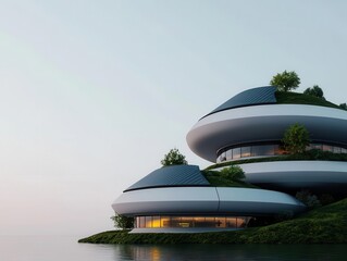 Futuristic green shipping hub integrating renewable energy systems, green industries, clean maritime logistics