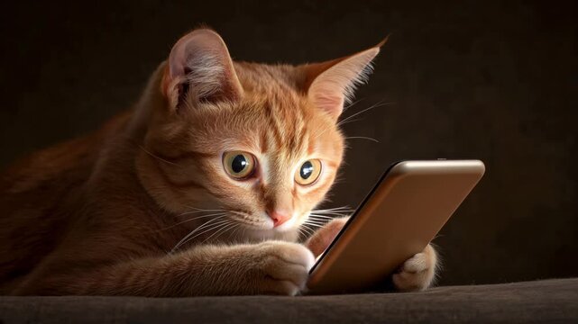 Curious orange cat intently gazes at phone screen in a cozy, dimly lit room