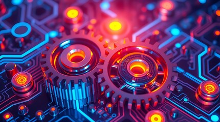 Obraz premium Interlocking gears spin and glow on a dark blue background with circuit lines, representing digital progress and interconnectedness. precision and engineering