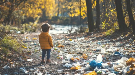 Child Playing in Littered Park Surrounded by Nature