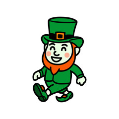 A cheerful, cartoon leprechaun, wearing a green outfit and a traditional top hat, is depicted in a walking pose.