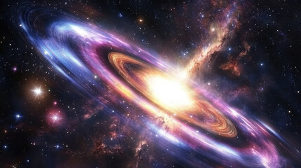 A celestial black hole with iridescent rings of shifting colors, engulfing streams of star dust and radiant auroras, faint constellations in the backdrop