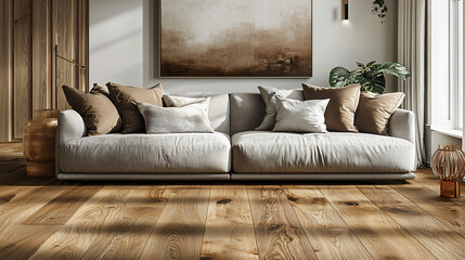 Clean, stylish living room featuring a light gray sofa, soft pillows, and warm wooden flooring, with a large canvas as a focal point. 