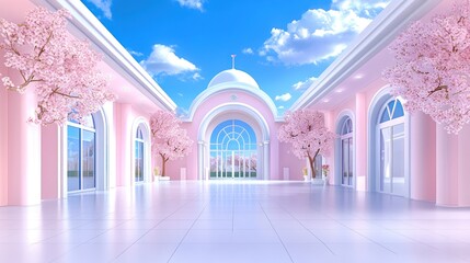 Pastel Anime School Background with Cherry Blossom Trees - High Quality and Detailed Cartoon Style Design