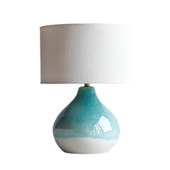 Stylish turquoise lamp features a round, glossy base that transitions from deep blue to light white, topped with a simple, textured shade. isolated on white, transparent background.