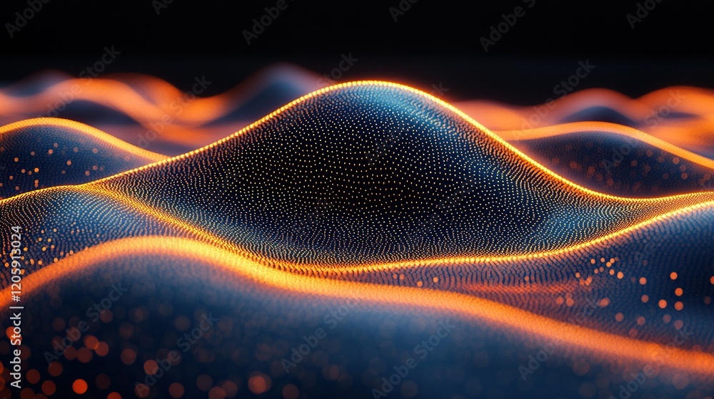 Poster glowing particle wave landscape with bokeh background