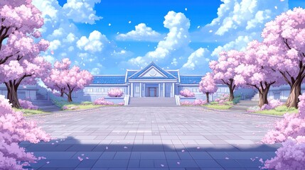 Pastel Anime School Background with Cherry Blossom Trees - High Quality and Detailed Cartoon Style Design