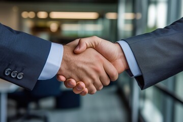 Aperto de mãos entre dois homens em trajes formais dentro de um escritório moderno com fundo desfocado, criado com IA generativa.