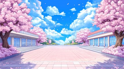 Pastel Anime School Background with Cherry Blossom Trees - High Quality and Detailed Cartoon Style Design
