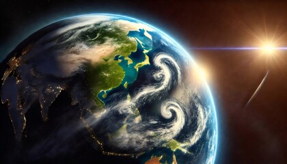 Earth rotating, featuring Asia, swirling clouds and sun shining from space, with part of the Earth in darkness