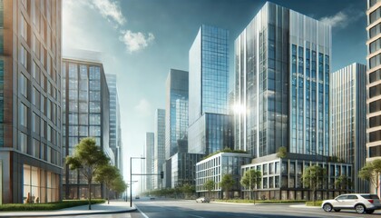 Obraz premium Contemporary cityscape showcasing tall, sleek skyscrapers and modern glass buildings lining a street under a clear sky
