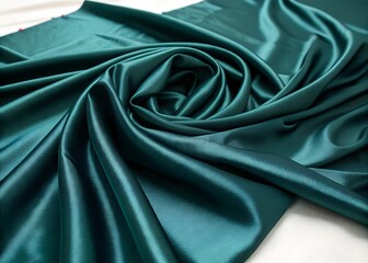 Obraz premium Dark teal green silk satin. Shiny smooth fabric. Soft folds. Luxury background with space for design. web banner. Flat lay top view table.
