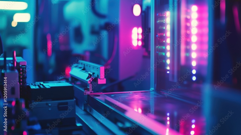 Poster conveyor belt transporting electronic components in a modern automated production line, illuminated 