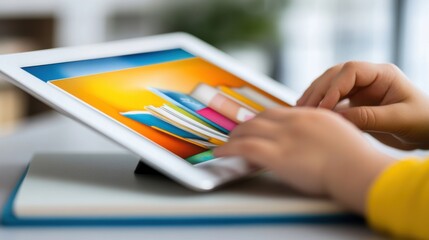 Child Reading a Colorful Book on a Tablet