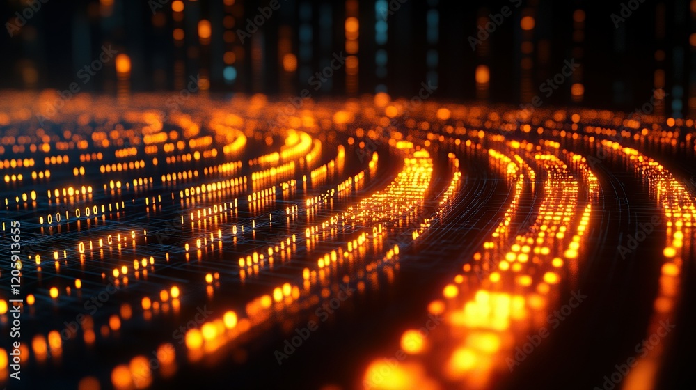 Poster glowing particle waves flow on digital surface