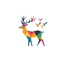 Colorful geometric deer, birds flying, white background; nature logo design
