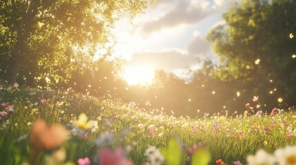 Obraz premium Sunlit Meadow Abundant With Colorful Flowers