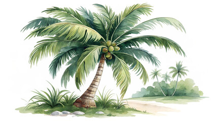 Fototapeta premium Watercolor Coconut Tree Illustration Isolated on Transparent Background, Cutout Design