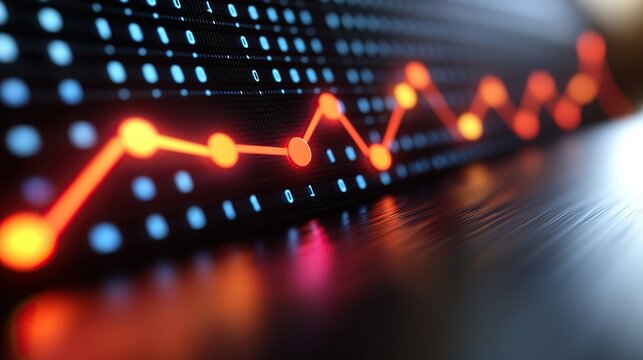 Glowing red line graph rising and falling on digital screen with binary data - Powered by Adobe
