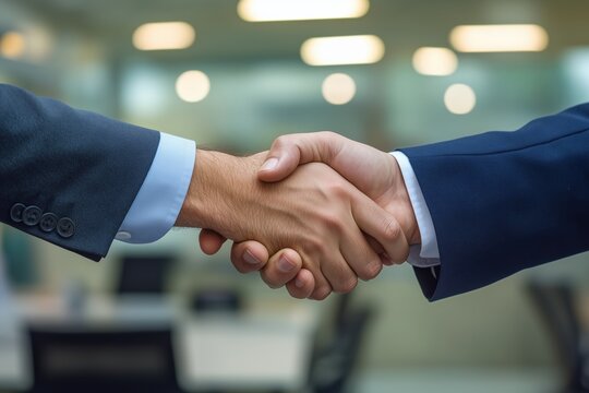 Aperto de m&atilde;os entre dois homens em trajes formais dentro de um escrit&oacute;rio moderno com fundo desfocado, criado com IA generativa.